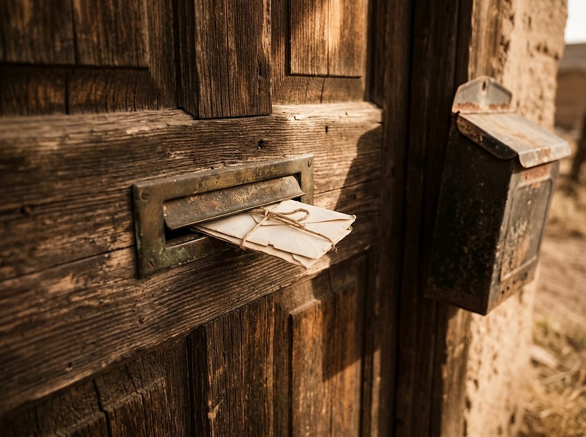 Weathered wooden door with a brass mail slot holding string-tied envelopes