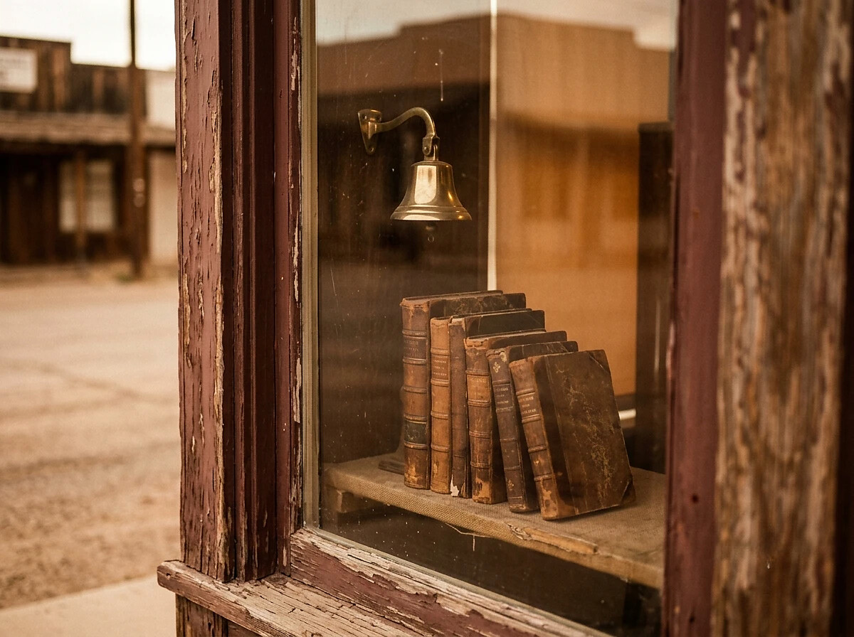 Antique glass storefront window displaying old books and a hanging brass bell